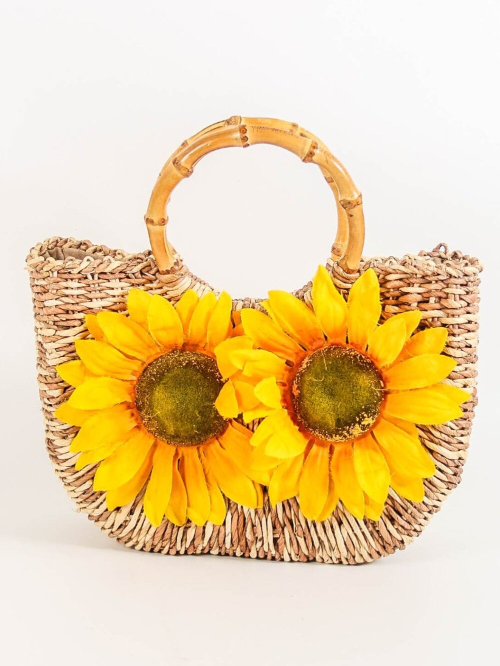 Sunflower Wicker Bamboo Handle Handbag Straw Tote Boho Cottagecore Summer Purse